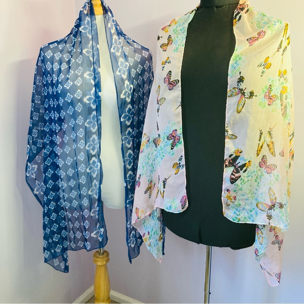 Light Scarves, Butterfly and Floral Patterned, Set of 2